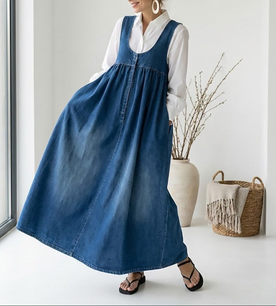 Capucine - Vintage Washed Denim Maxi Dress