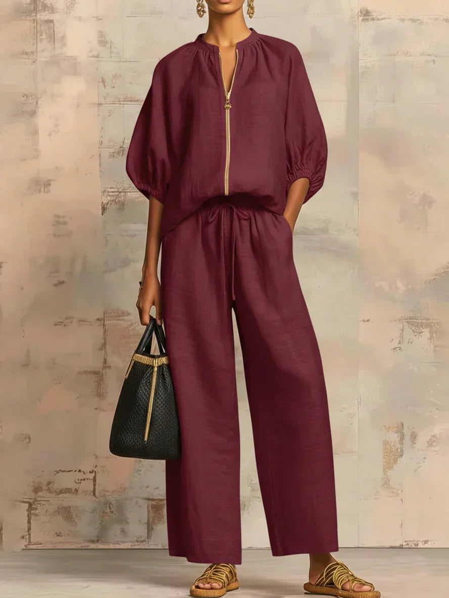 Alba - Casual Shirt and Wide Leg Pants Two-Piece Set