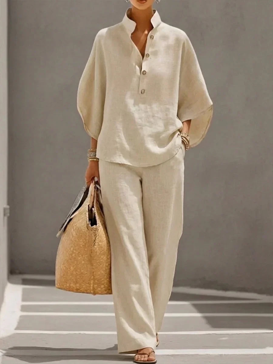 Maribel - Batwing Linen Set and Wide Leg Pants
