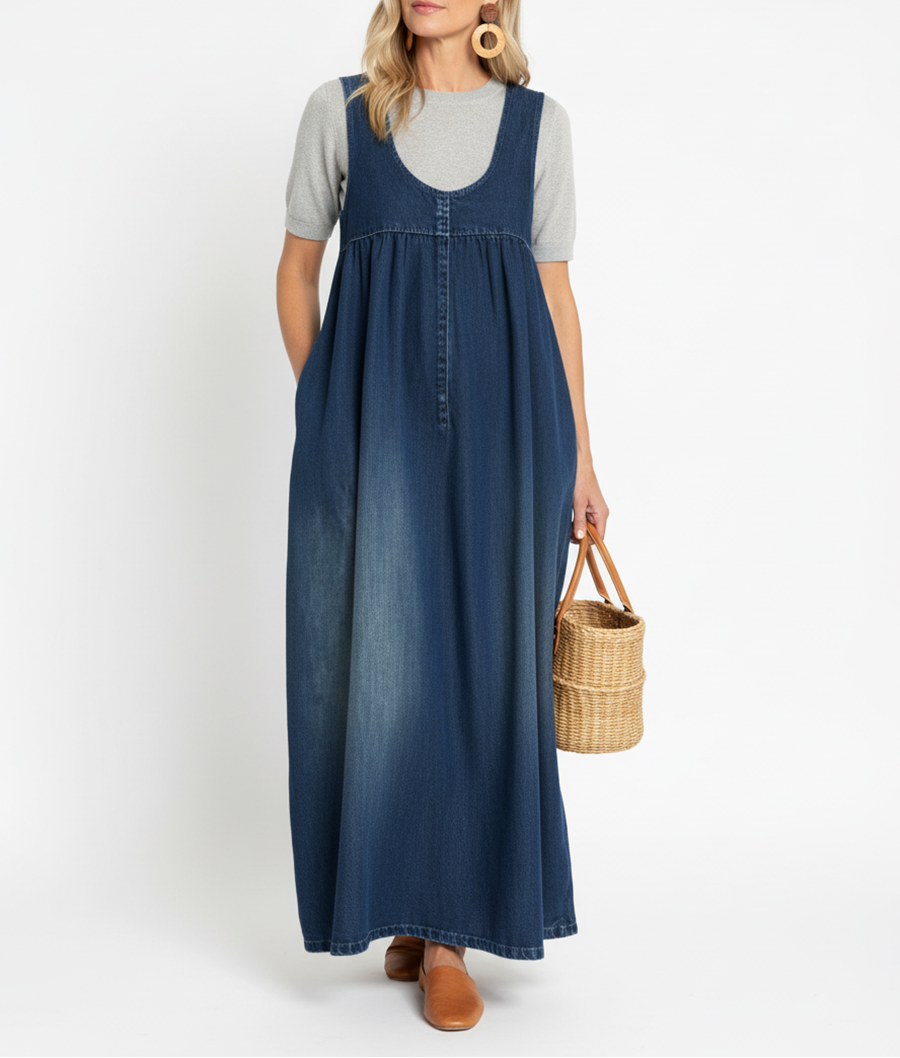 Capucine - Vintage Washed Denim Maxi Dress