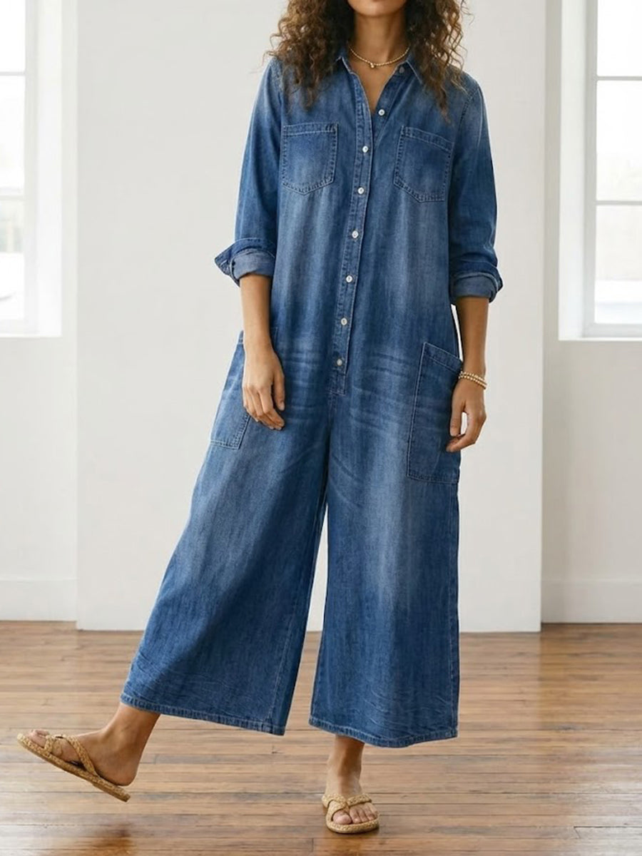 Anais - Vintage Button-Up Denim Jumpsuit