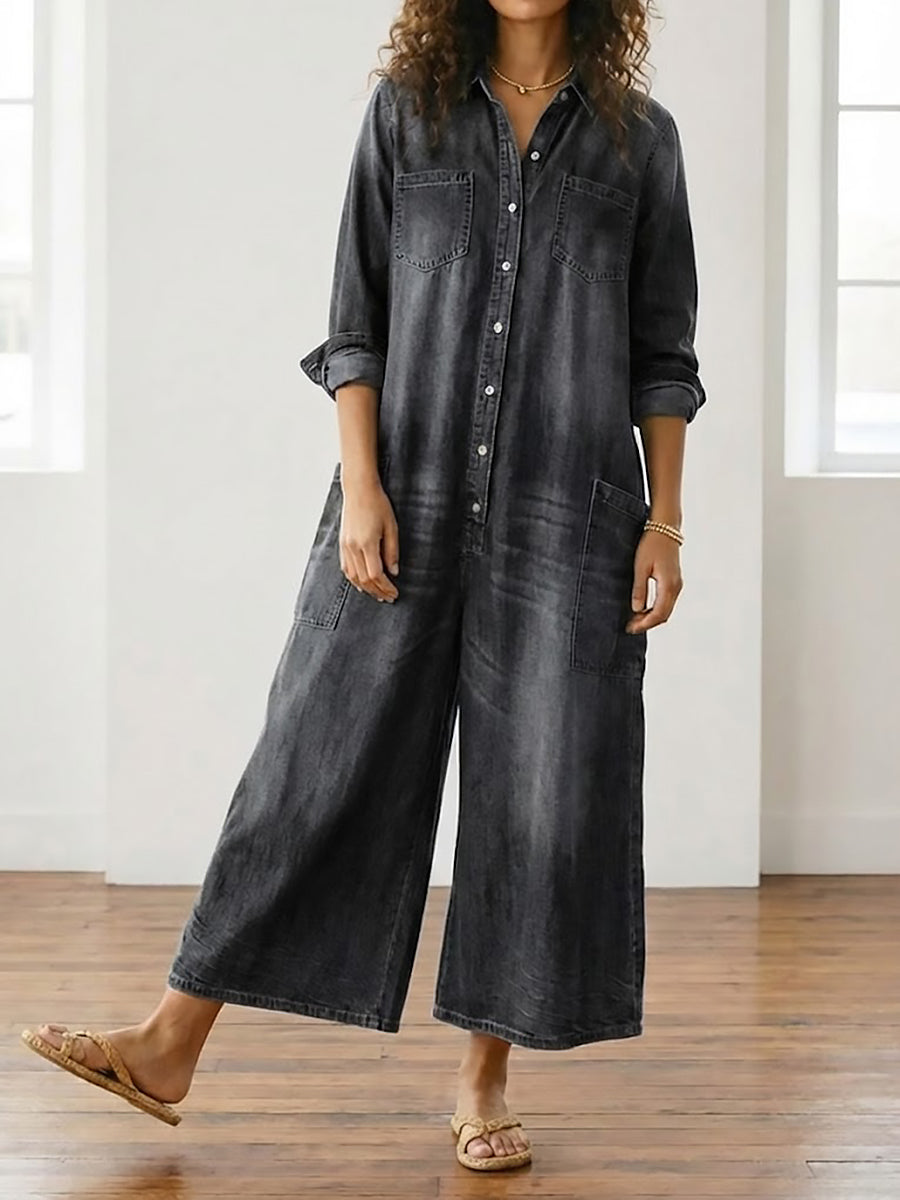 Anais - Vintage Button-Up Denim Jumpsuit