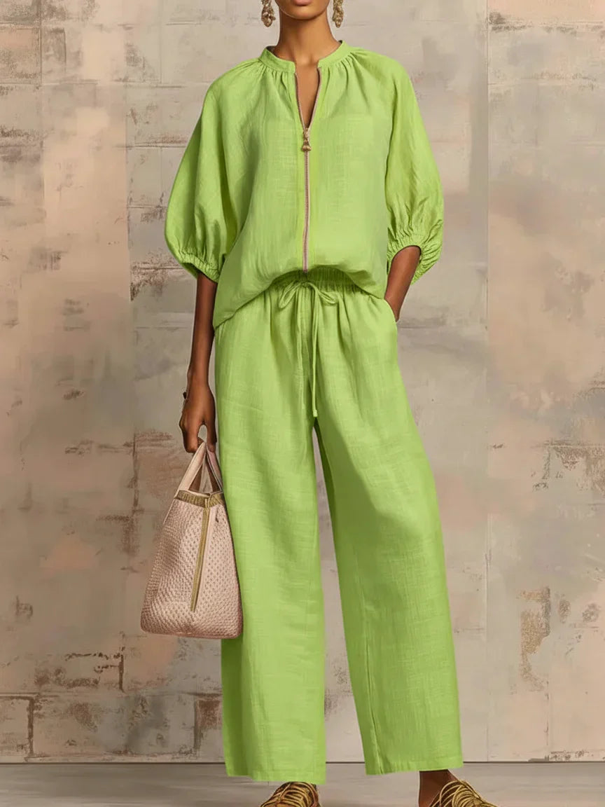 Alba - Casual Shirt and Wide Leg Pants Two-Piece Set