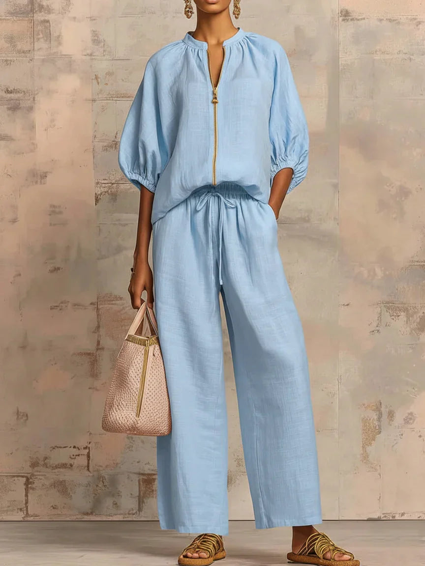 Alba - Casual Shirt and Wide Leg Pants Two-Piece Set