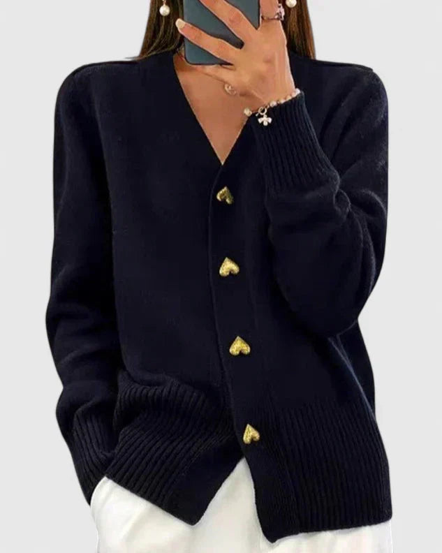 Lillyanne heart-button cardigan showing detailed heart-shaped closures