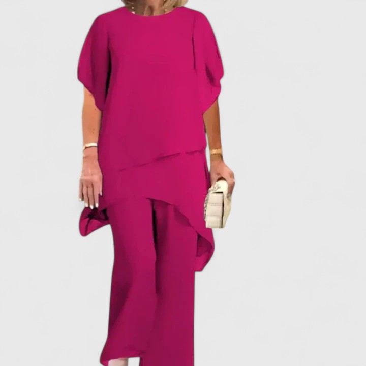 Cassie asymmetric layered top and wide-leg trousers set