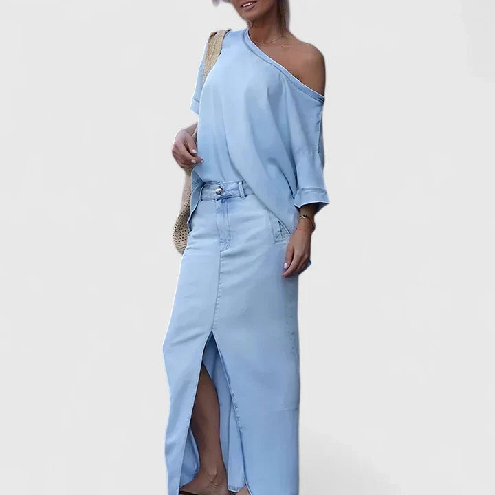 Saddie Denim Skirt Two-Piece Set