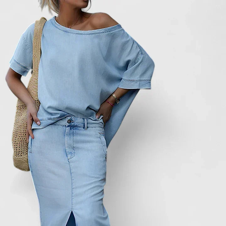 Saddie Denim Skirt Two-Piece Set