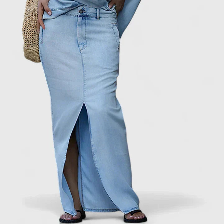 Fleur elegant 2-piece set featuring off-shoulder top and front-slit denim maxi skirt