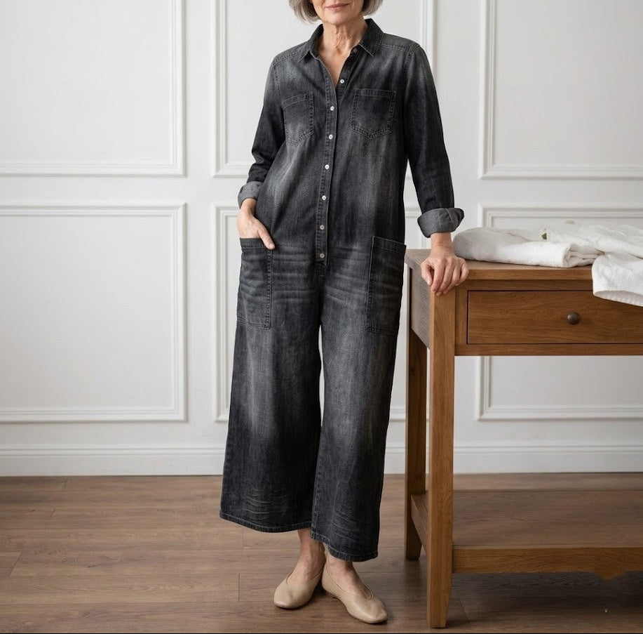 Anais - Vintage Button-Up Denim Jumpsuit